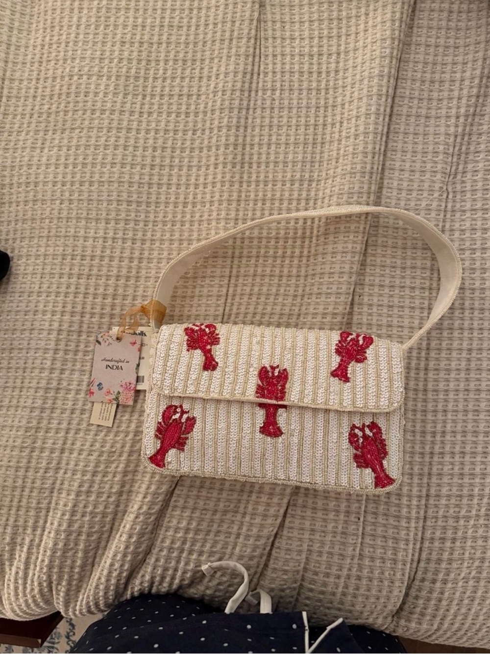 Cream Beaded Shoulder Bag with Red Lobster Motifs